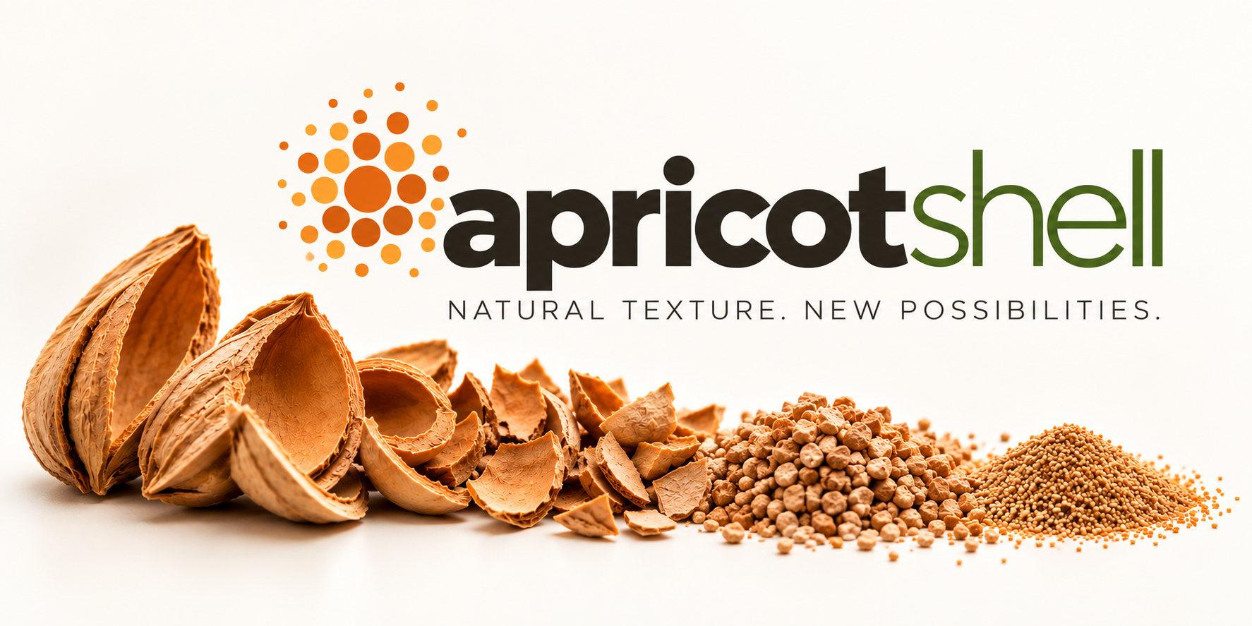 Apricot Shell brand illustration showing a visual sequence of kernel shells, shell fragments, granules and finer particles